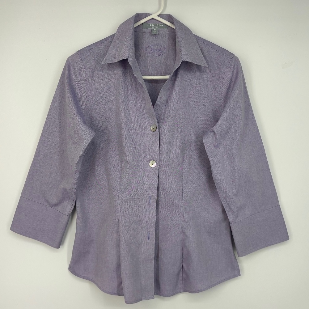 Foxcroft Womens Sz 4 Fitted Button Front Shirt Purple 3/4 Sleeve Non-Iron Cotton - Picture 1 of 8
